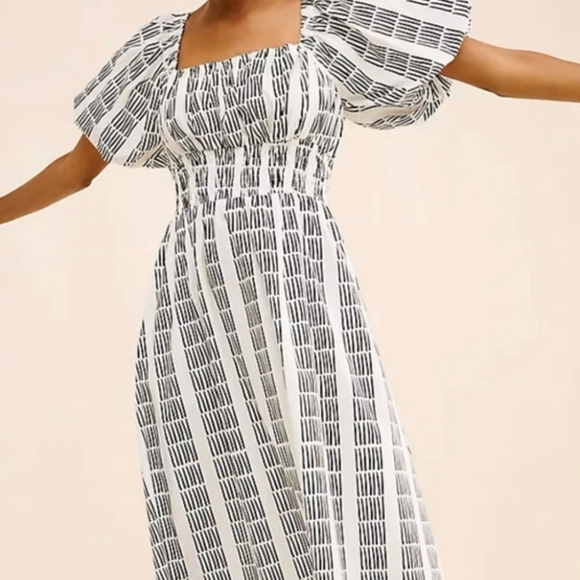 Maeve White & Black Puff-Sleeve Smocked Midi Dress - Picture 3 of 3